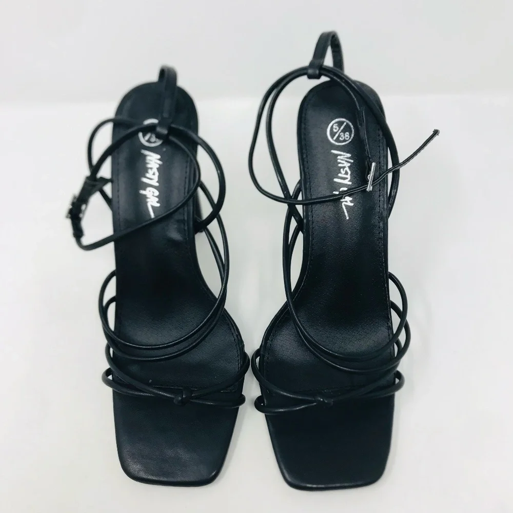Nasty Gal Square Toe Ankle Strap Strappy Heel Black Size 38 - Picture 6 of 7